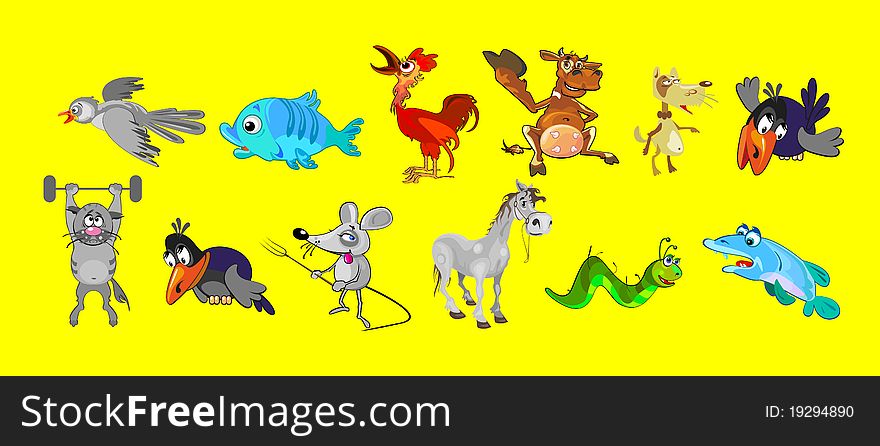 cartoon animals   on a yellow background
