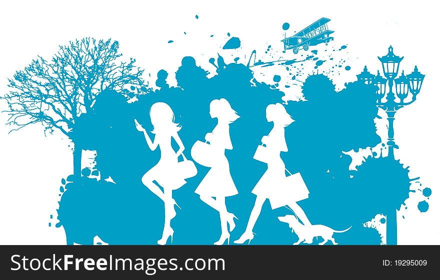 Raster version of illustration. Shopping girls. All elements and textures are individual objects. Vector illustration scale to any size.