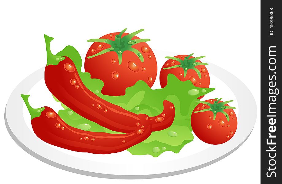 The illustration shows tomatoes, red hot chili peppers and lettuce, lying on a plate. The illustration shows tomatoes, red hot chili peppers and lettuce, lying on a plate.
