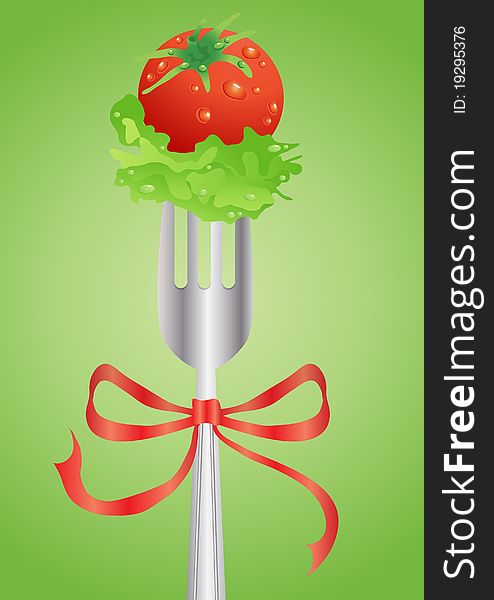 The illustration shows a red fresh tomato and lettuce, skewered on a fork with a red ribbon. The illustration shows a red fresh tomato and lettuce, skewered on a fork with a red ribbon