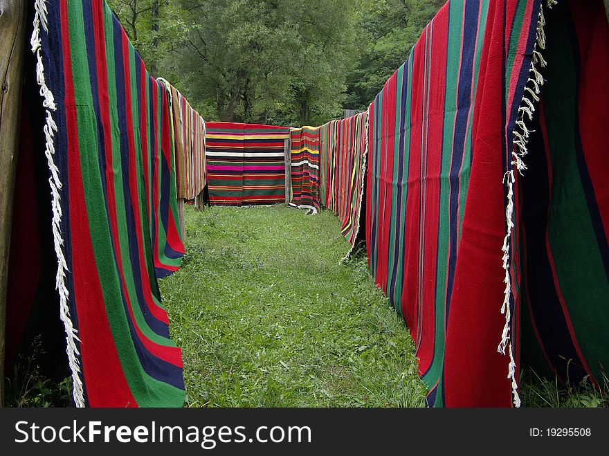 Bulgarian traditional textiles. Rugs woven on hand-looms.