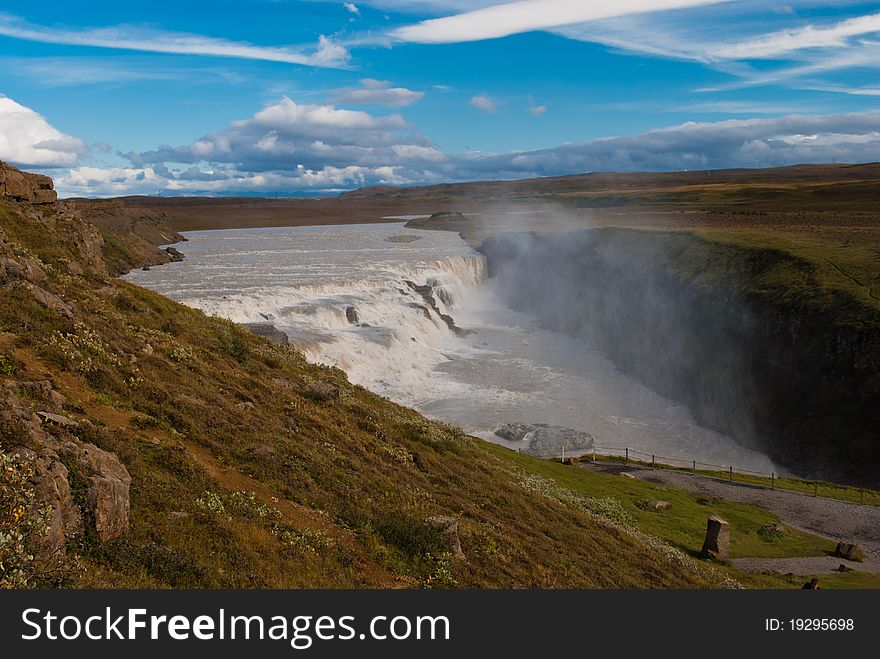 Europe Iceland Gullfoss Waterfall in Summer. Famous waterfall with double step