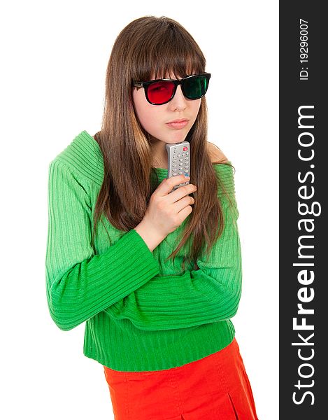 Girl wearing 3D glasses holding remote control isolated over white background