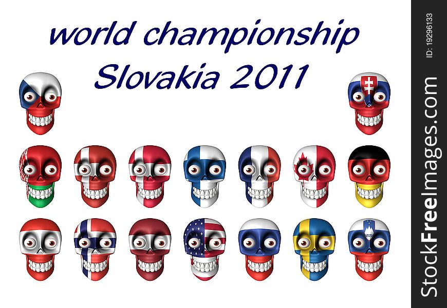 Computer generated 3D illustration of skulls with national symbols of ice hockey fans - world championship Slovakia 2011.