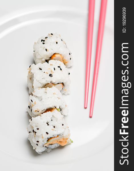 Sushi roll spicy maki with surimi. Sushi roll spicy maki with surimi