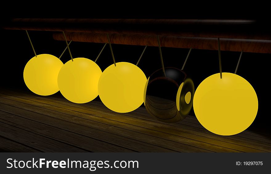 Newton's cradle with lighting balls, one of them battered and unlit. Newton's cradle with lighting balls, one of them battered and unlit