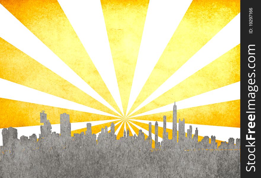 Grunge image of cityscape with vintage starburst background