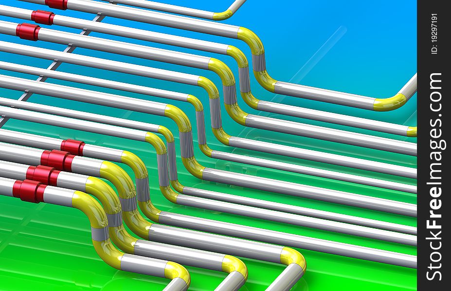 Set of pipes on green blue background with red accents