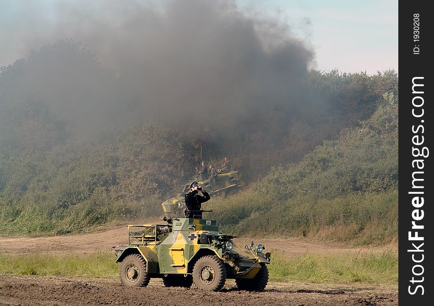 Military Jeep, A Soldier With Field Glasses.