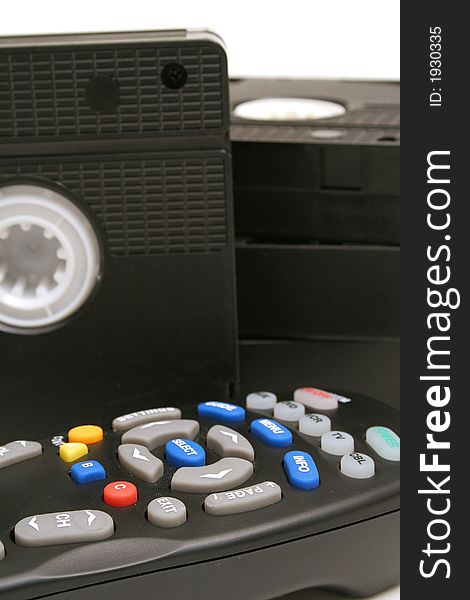 Shot of remote control vhs tapes background vertical