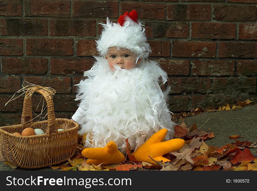 Image of baby wearing a chicken costume, sitting next to a basket of eggs. Image of baby wearing a chicken costume, sitting next to a basket of eggs
