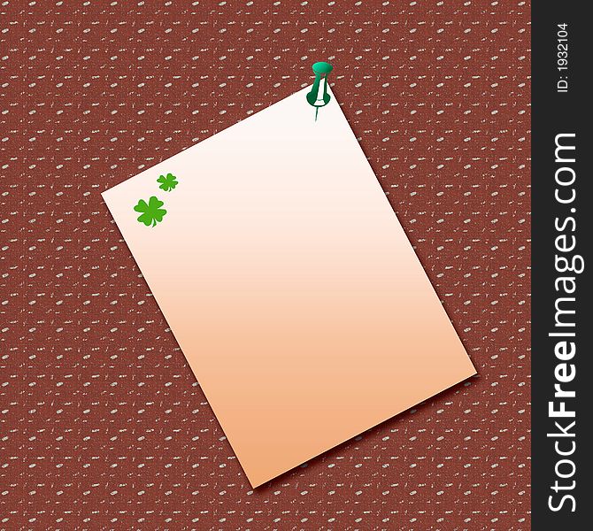 Shamrock note posted on textured background by thumbtack