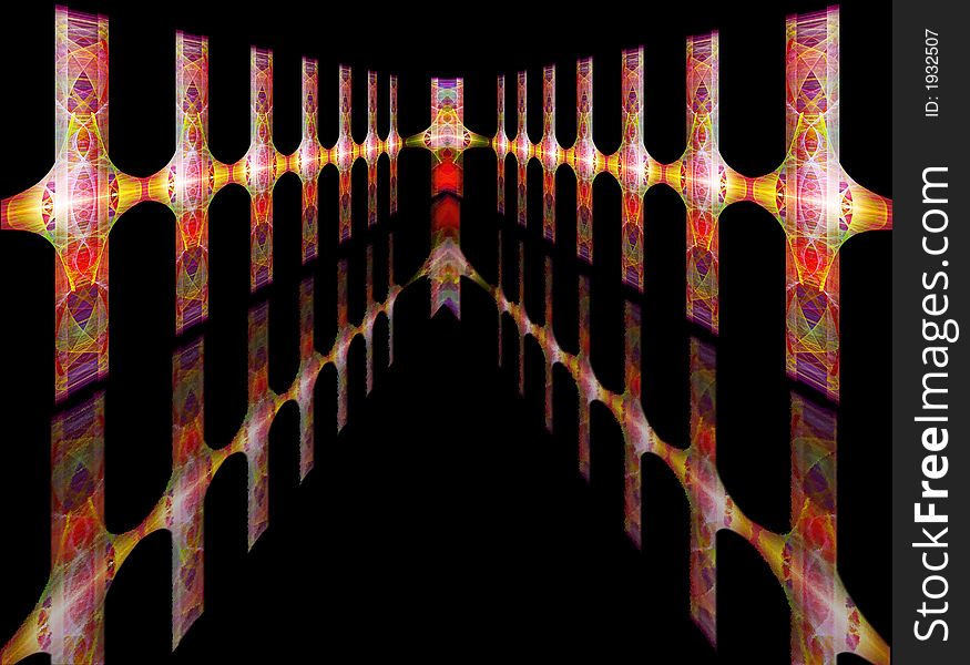 Abstract colorful futuristic corridor with simulated floor reflection for product frame or emphasis