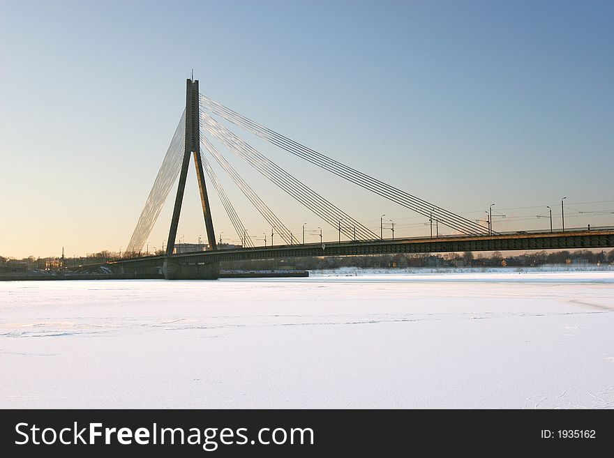 Cable bridge at winter time (Riga, Latvia)