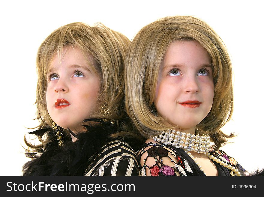 Twin Glamour Models With Wigs Looking Up