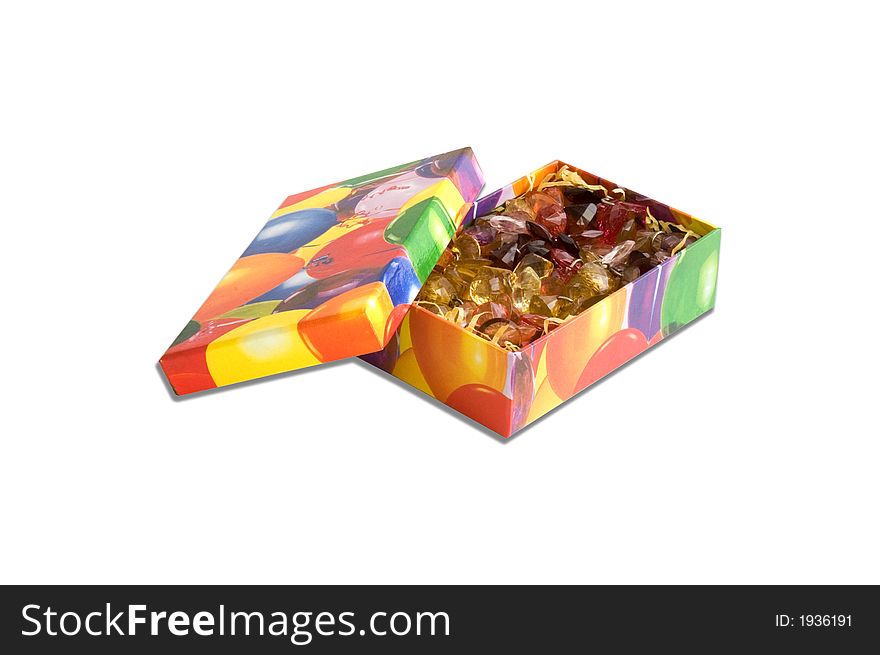 Multicolored gift box with jewels isolated over white background