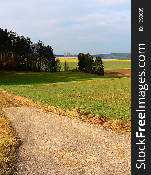 A path through colored fields in germany near Munich. A path through colored fields in germany near Munich