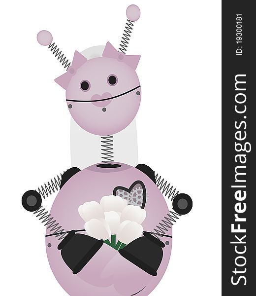 Smiling cartoon robot holding flowers. Smiling cartoon robot holding flowers