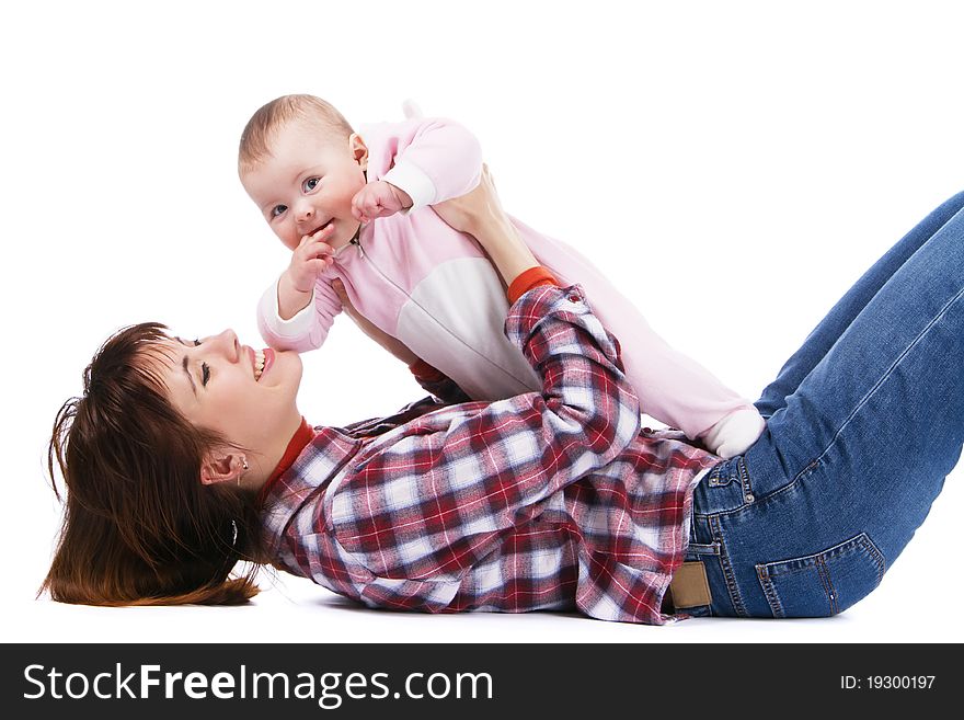 Young mother playing with her baby, white background