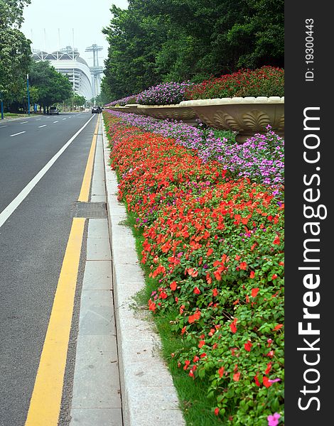 Flower bed beside road in Guangzhou City,China