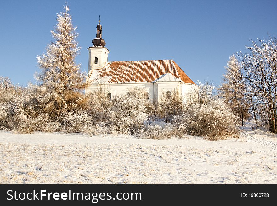 Baroque church in winter landscape. Baroque church in winter landscape