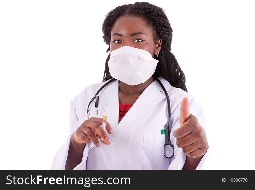 A young black woman doctor with an injection in her hand. A young black woman doctor with an injection in her hand