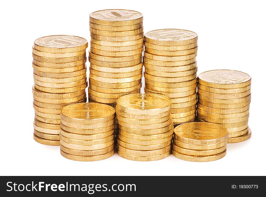 The golden coins isolated on white background