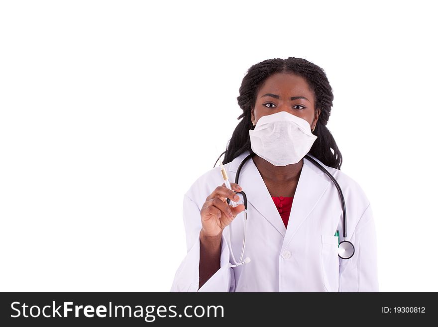 A young black woman doctor with an injection in her hand. A young black woman doctor with an injection in her hand