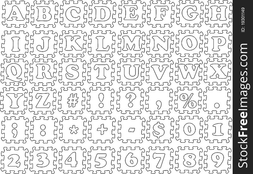 Alphabet, numbers and symbols into vector form a puzzle. Alphabet, numbers and symbols into vector form a puzzle.