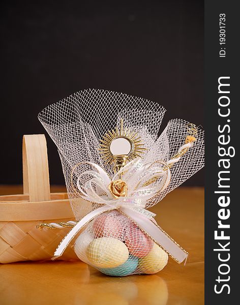 Egg Shaped Candies In Decorative Bag And Basket. Egg Shaped Candies In Decorative Bag And Basket