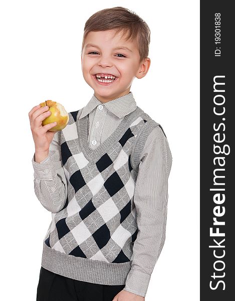 Little boy with apple. Isolated on white background.