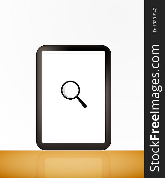 3d illustration of a magnifying glass hovering over a computer display showing a file folder. 3d illustration of a magnifying glass hovering over a computer display showing a file folder