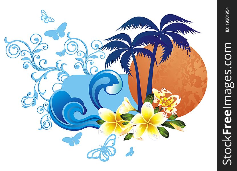 Summer Tropical Background With Waves And Flowers