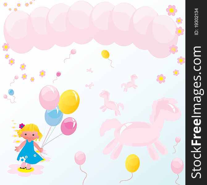 Kids party design with girl holding balloons over halftone ponies