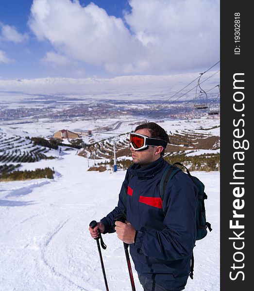 Young skier in  Palandoken. Palandoken -famous turkish ski resort near Erzurum.