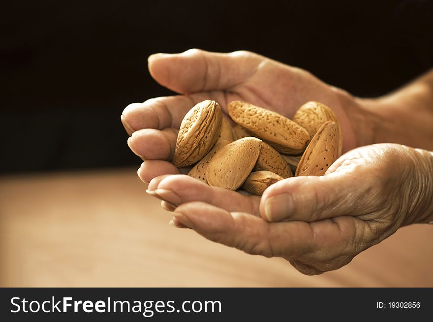 Food of the earth - veteran's hands holding raw almonds in palm. Food of the earth - veteran's hands holding raw almonds in palm.