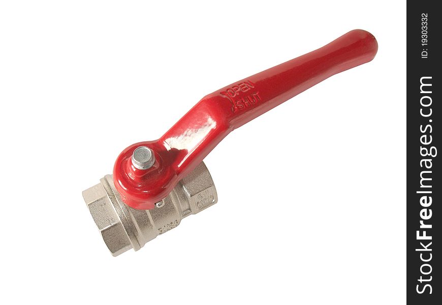 Steel tap with red handle on a white background.