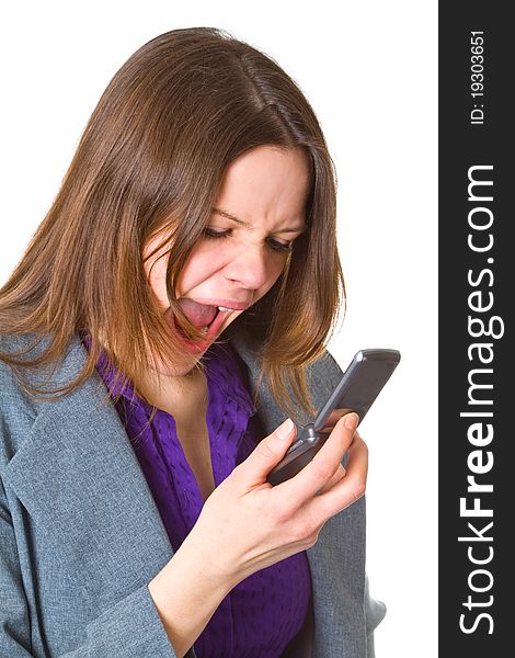 Young business woman screaming in her cellphone over white