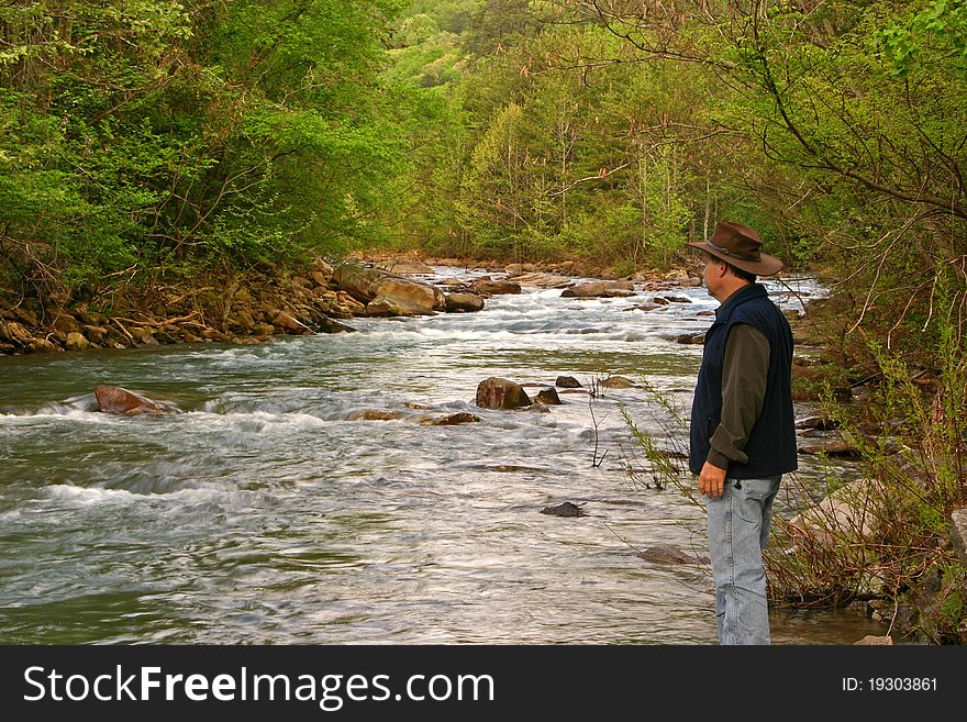 A hiker pauses by the bank of a creek in the early morning. A hiker pauses by the bank of a creek in the early morning
