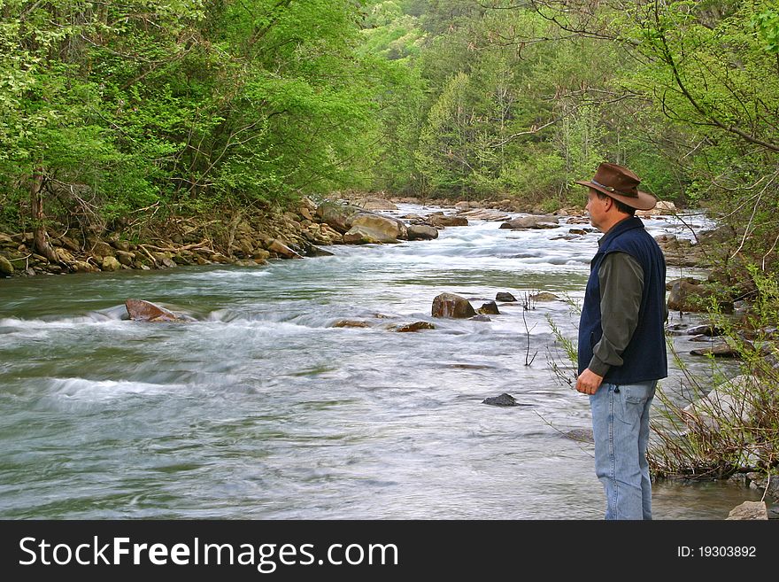 A hiker pauses by the bank of a creek. A hiker pauses by the bank of a creek