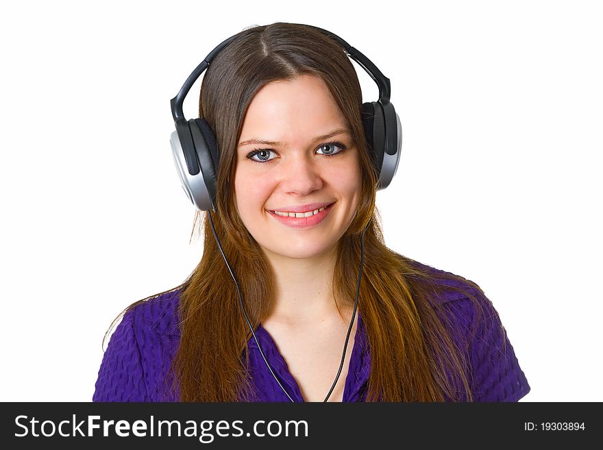 Beautiful young woman with headphones isolated on white background