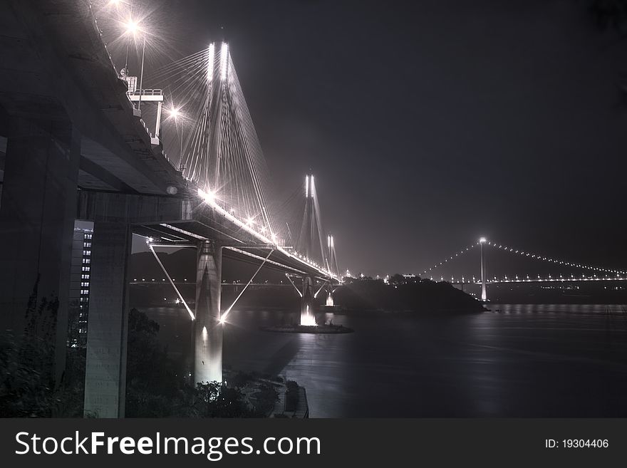 Ting Kau Bridge in Hong Kong at night.