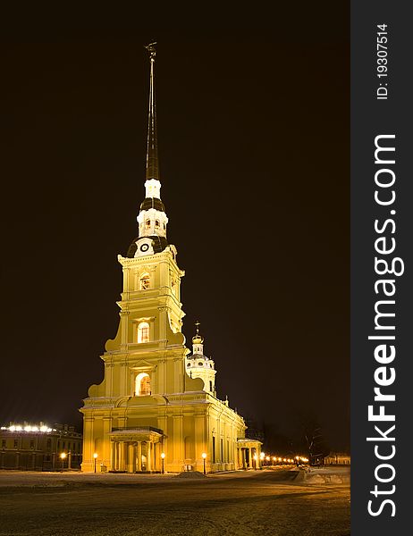 Cathedral of the Peter and Pauls fortress at night