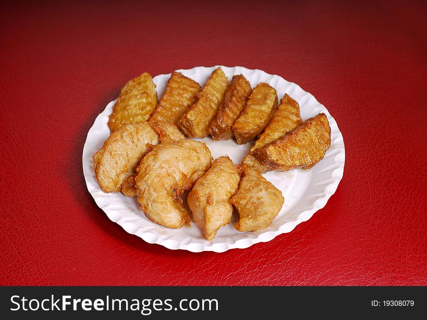 A plate with fried chicken on red