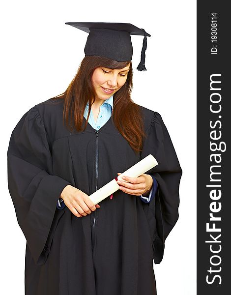 Woman in gown thinking about her future isolated over white background. Woman in gown thinking about her future isolated over white background