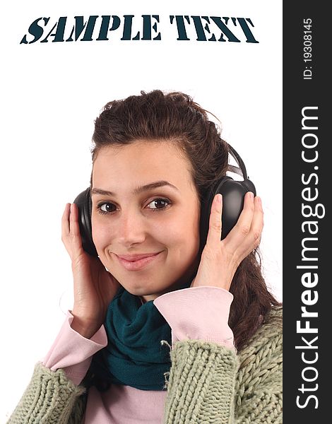 Young girl listen music on white