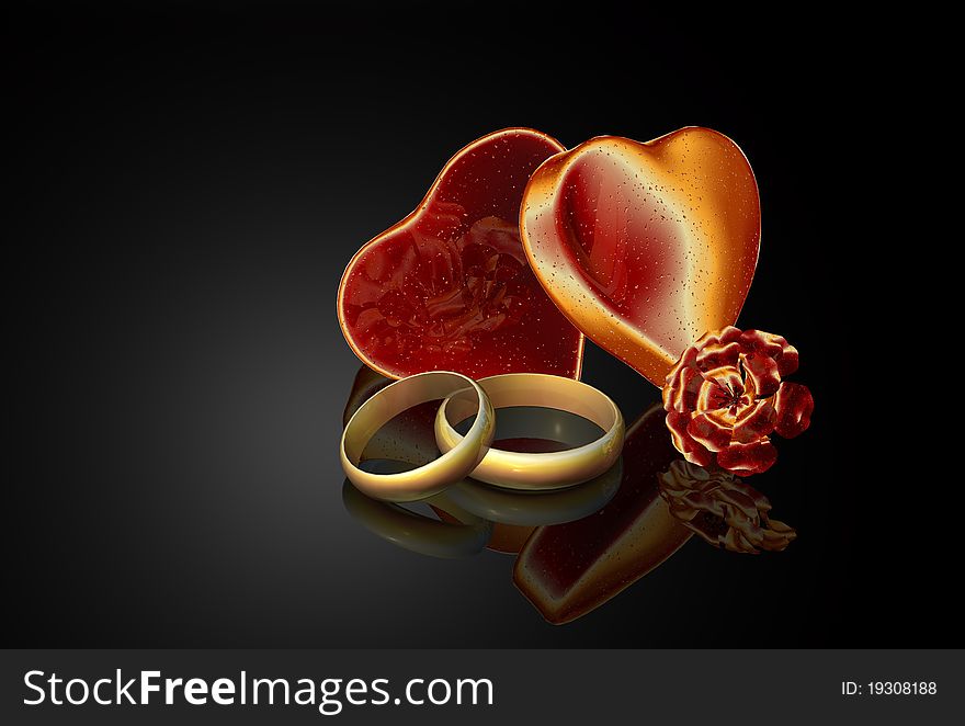 Hearts with wedding rings on a blackl background. Hearts with wedding rings on a blackl background