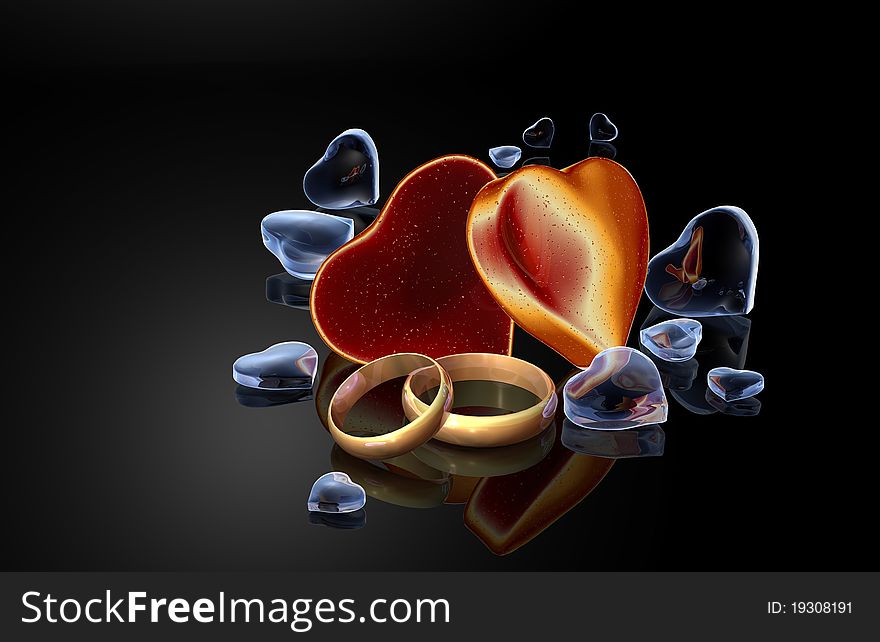 Hearts with wedding rings on a black background. Hearts with wedding rings on a black background