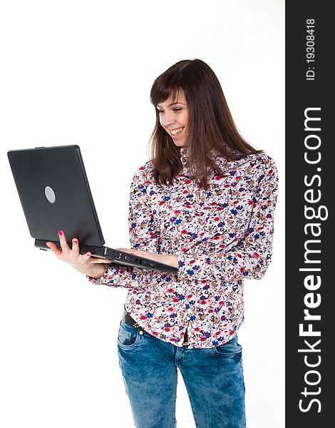 Portrait of girl with laptop isolated on white