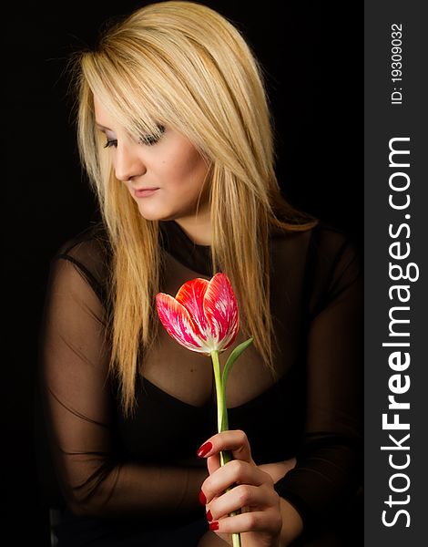 Stylish Woman with red tulip on white background